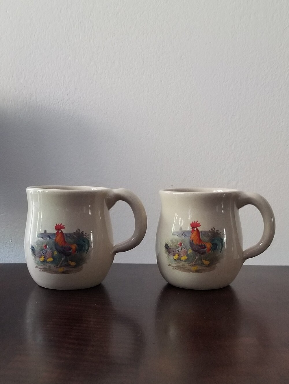 Set of 2 Rooster Chicken Coffee Mugs Yesteryears Hand Turned Ceramic Made in USA